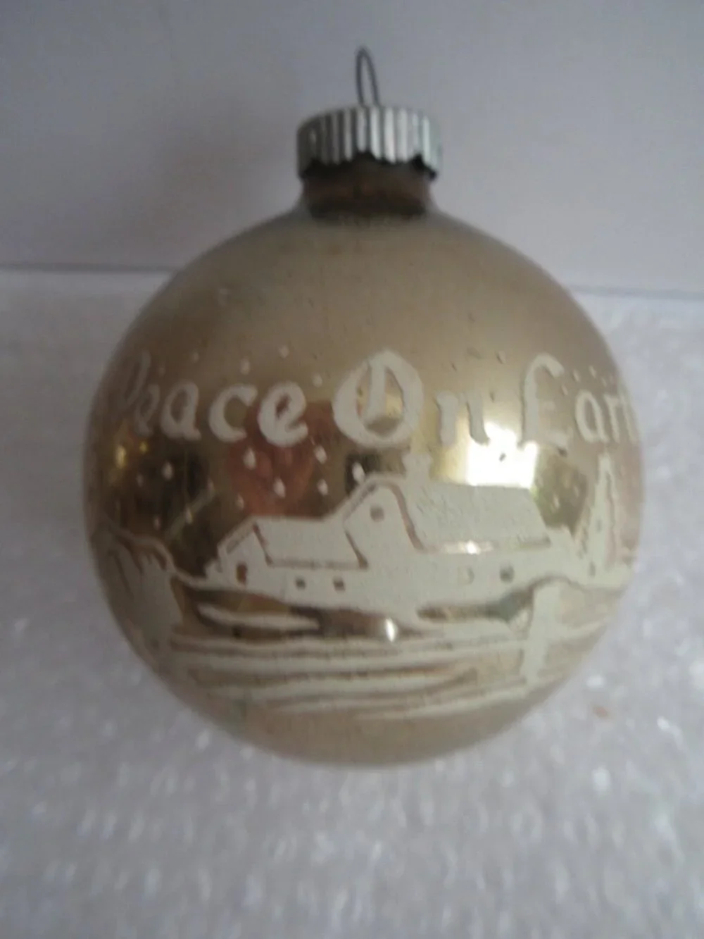 3 Shiny Brite Peace on Earth Stencil Gold Glass Christmas Ball Ornaments Vintage